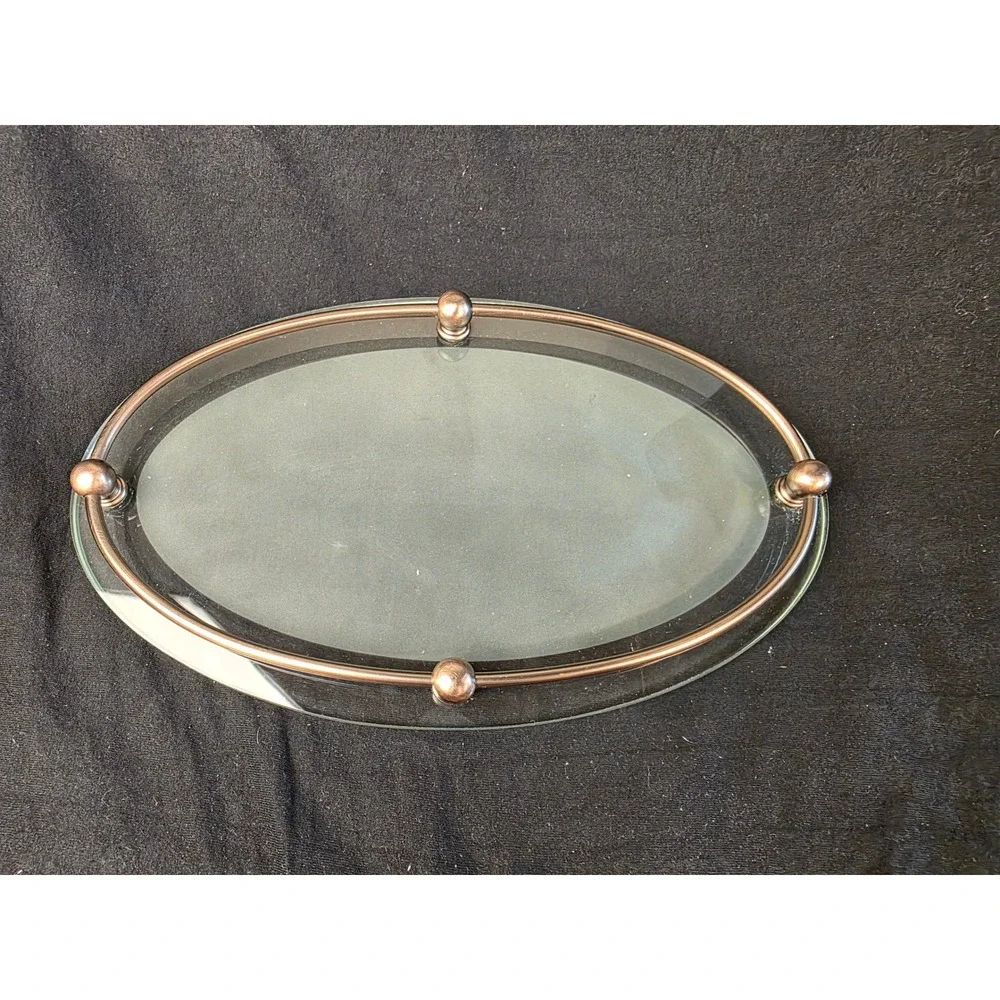 Oval Frosted Glass Vanity Tray Bronze Metal Rail Sphere Finials 12 Inch